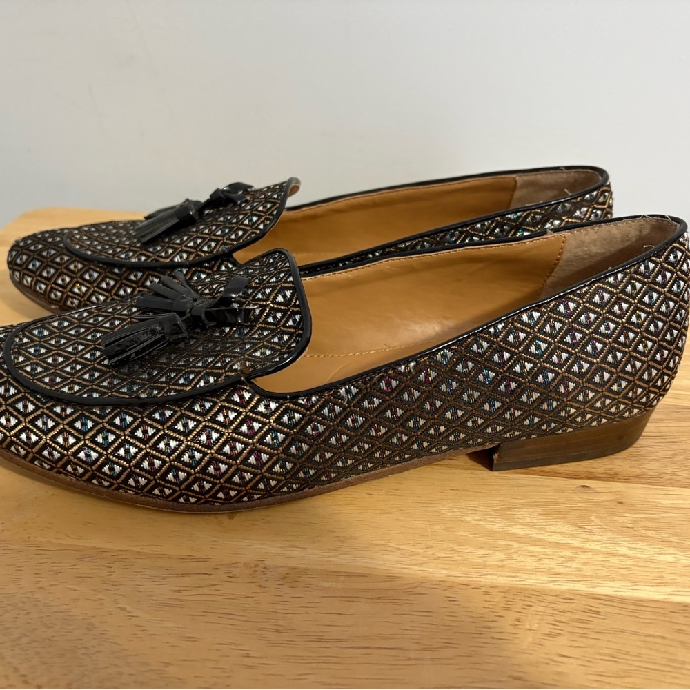 J. Crew Jacquard Tassel Loafers Black Gold Geometric Pattern Size 9 Old Money - Picture 3 of 12
